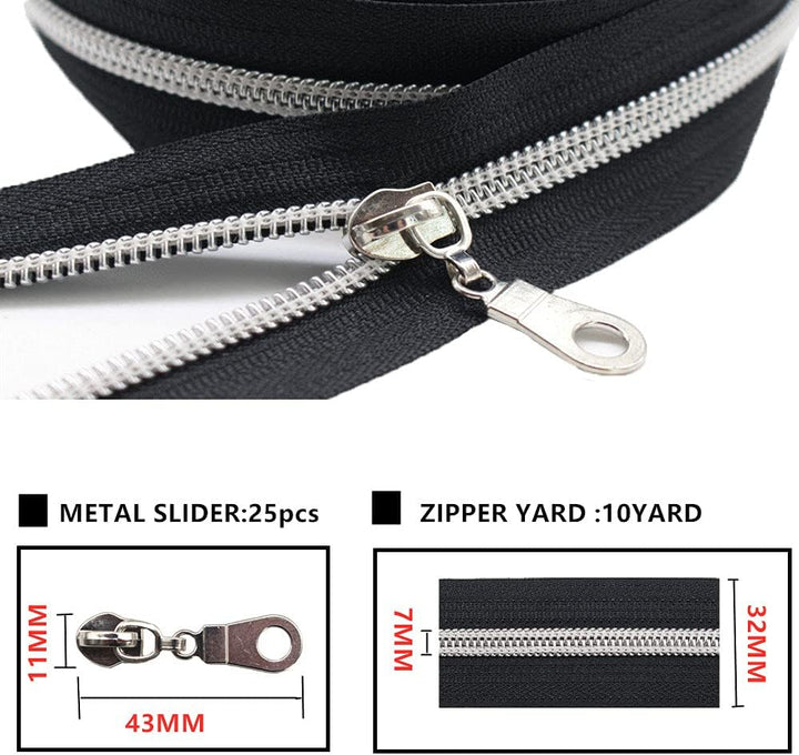 MebuZip 9 m silberfarben endlos Reissverschluss Meterware Reissverschluss Nylon 6mm-Spirale + 25 Non