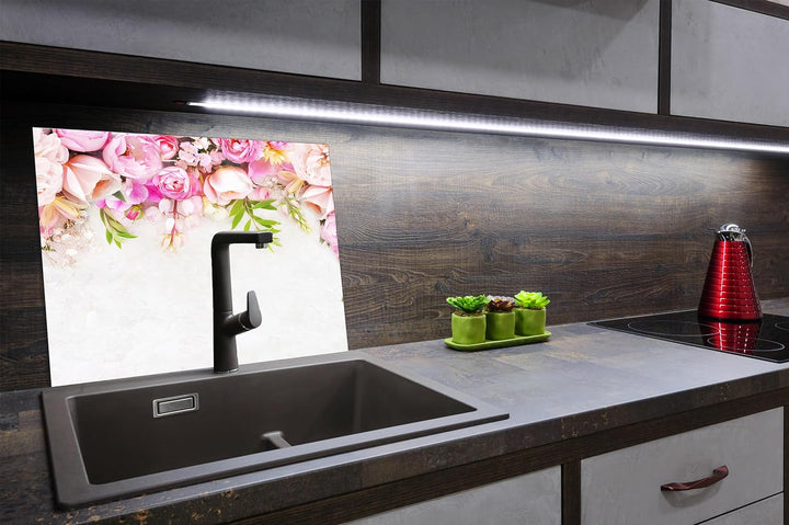 SmartDecoration Herdabdeckplatte Ceranfeldabdeckung aus Glas 60x52 cm Einteilig Motiv "Blumen" Weiss