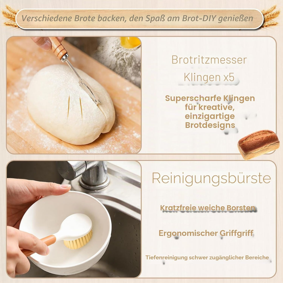 Gärkörbchen,Brot Gärkorb Set,23cm Rund & 25cm Oval Brotkörbchen,100% Natürlichem Rattan, inkl. Teigs