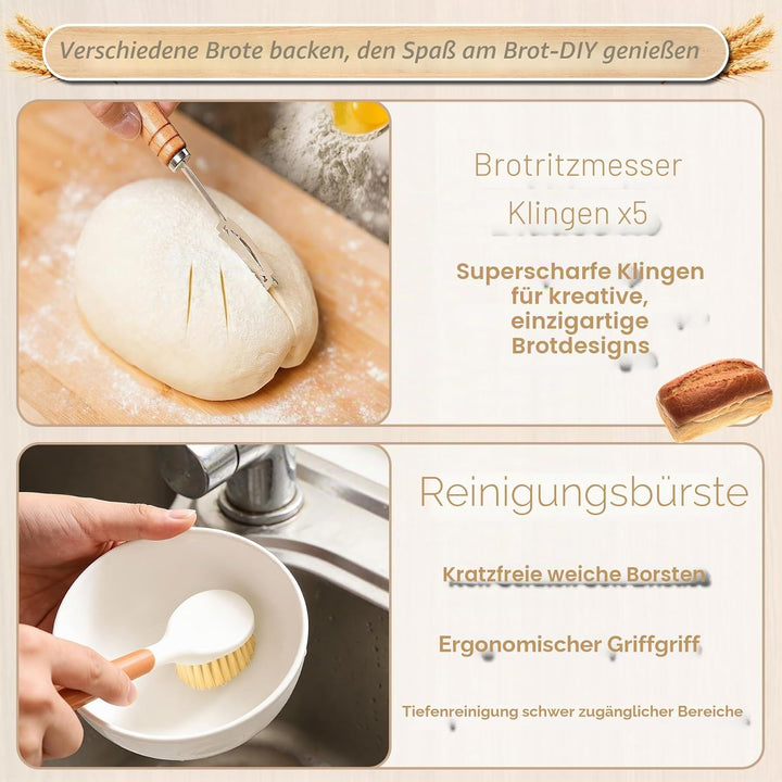 Gärkörbchen,Brot Gärkorb Set,23cm Rund & 25cm Oval Brotkörbchen,100% Natürlichem Rattan, inkl. Teigs