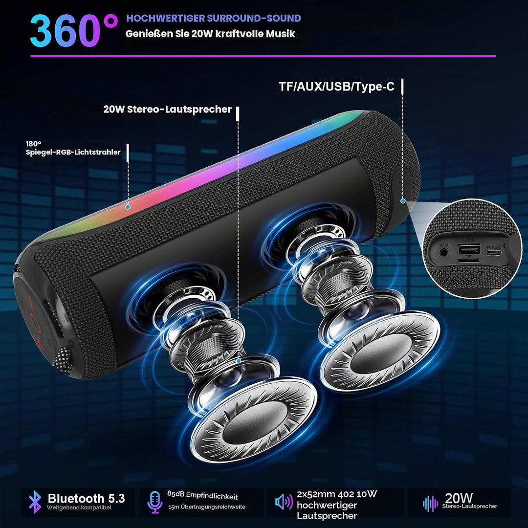 Bluetooth Lautsprecher mit Licht, Tragbarer 20W Musikbox mit 360° HD Stereo Sound, 24 Std. Spielzeit