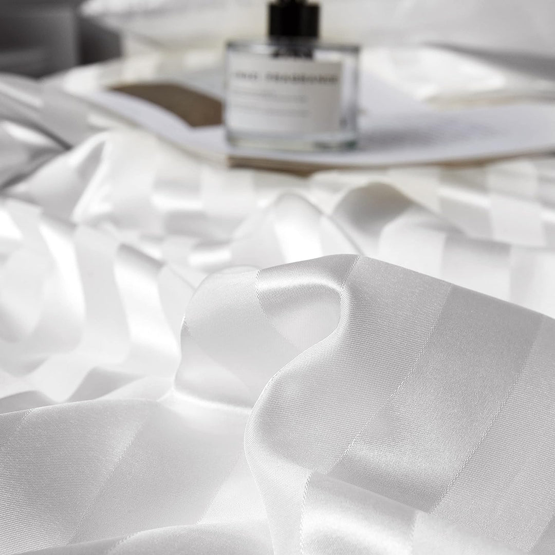 Damier Bettwäsche 200x200 Weiss Satin Seidig Bettbezug Set 3 teilig Luxus Glanzsatin gestreift Decke