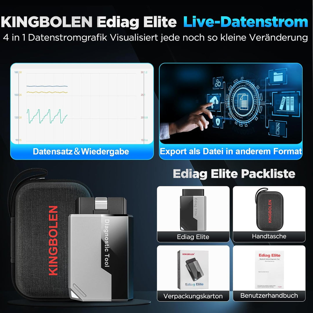 KINGBOLEN EDIAG Elite OBD2 Diagnosegerät Bluetooth,Auto Auslesegerät mit Vollständige System,15 Rese