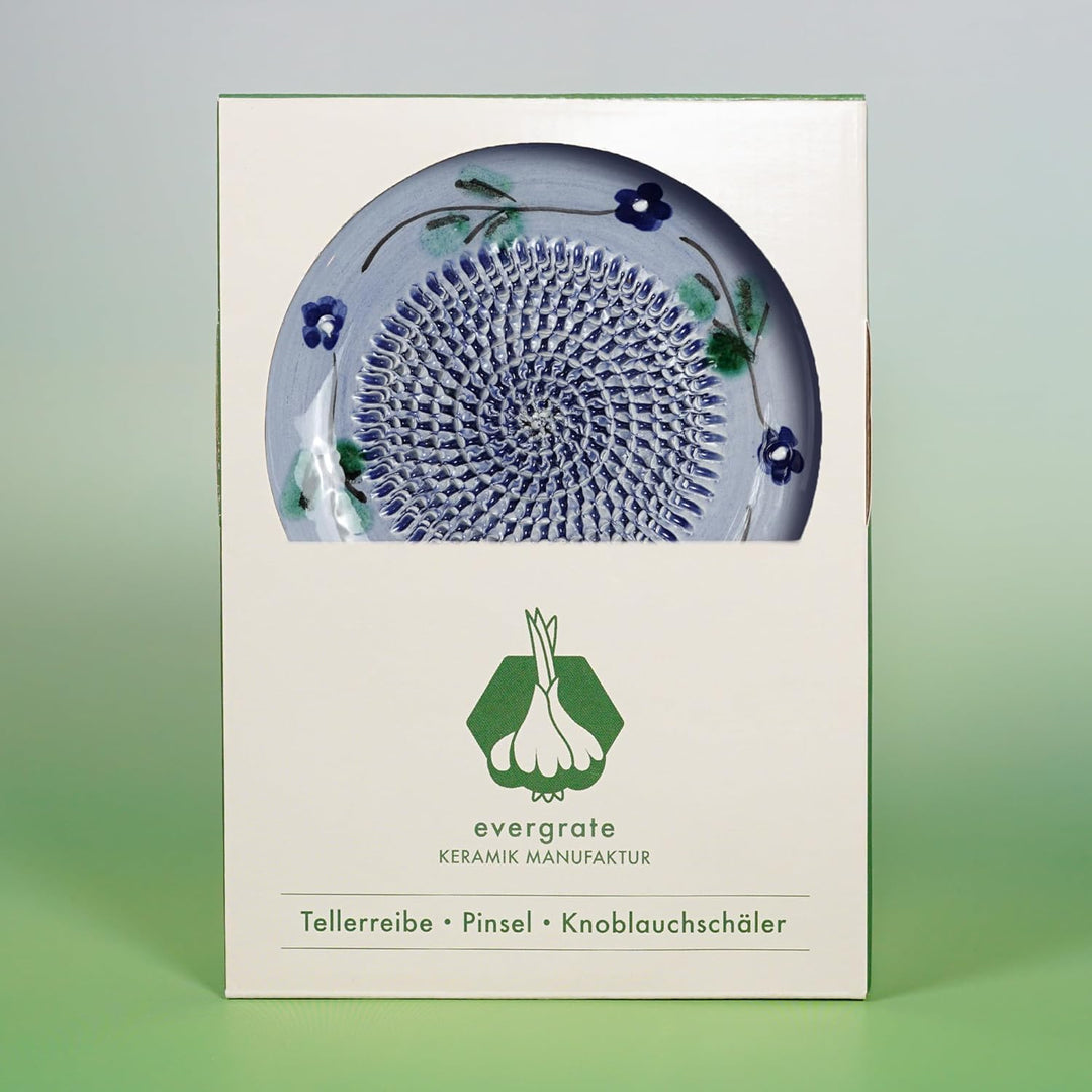 Evergrate® Keramikreibe Flora mit Geschenkbox – mit Reibe, Knoblauchschäler, Rezeptheft & Pinsel – H