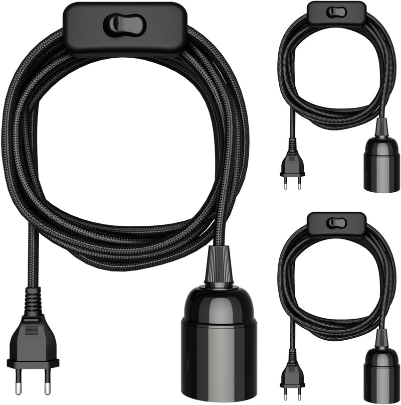 ledscom.de 3x Textilkabel LEHA, Stecker, Schalter, schwarz, 3m, Lampen-Fassung, 1x E27 max. 60W 3 St