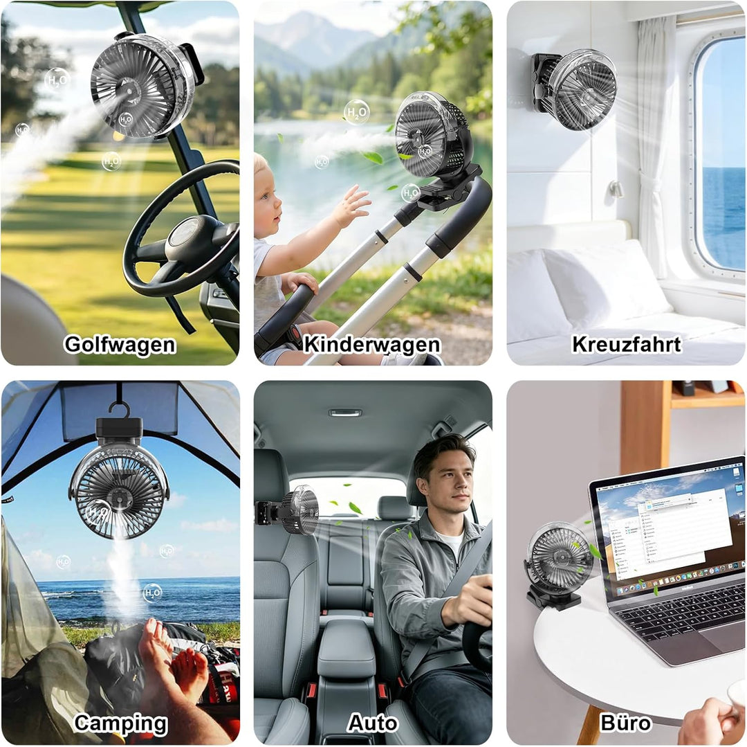 ELZO 12000mAh Campingventilator, USB-Tischventilator mit LED-Licht & Sprühfunktion, Aufhängehaken un