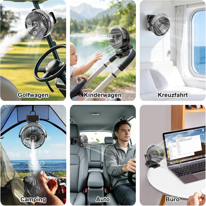 ELZO 12000mAh Campingventilator, USB-Tischventilator mit LED-Licht & Sprühfunktion, Aufhängehaken un