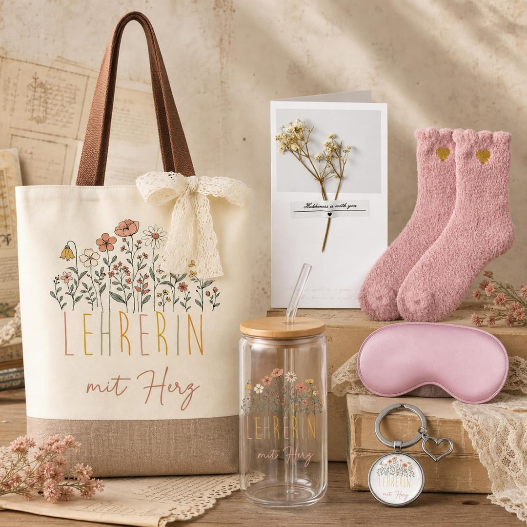 Hestya Danke Geschenkset für Lehrerin LEHRERIN mit Herz Tragetasche Klarglas Schlüsselanhänger Augen