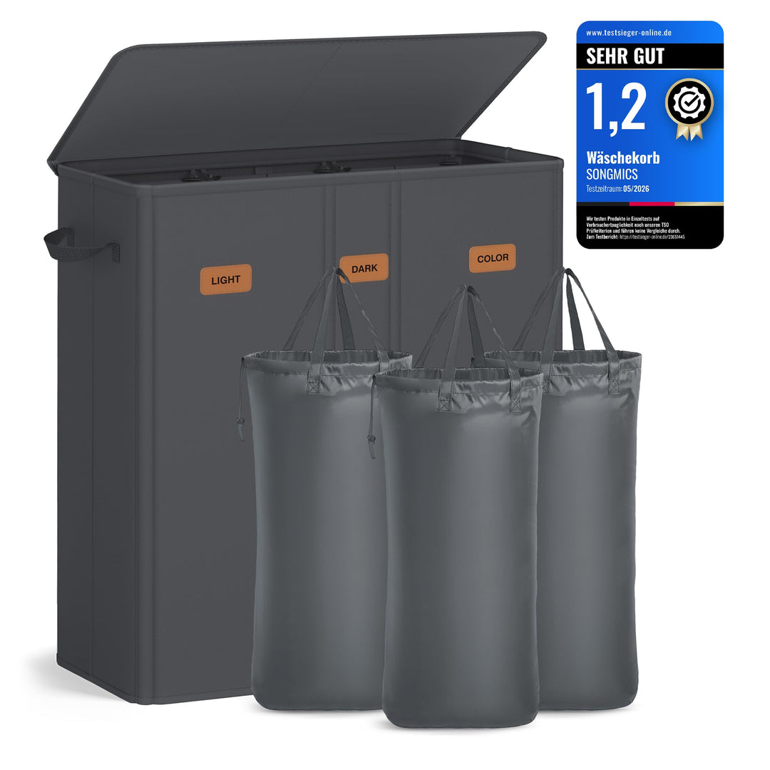 SONGMICS Wäschekorb mit 3 Fächern, 160 L, mit Deckel, 5 Etiketten, herausnehmbarer und waschbarer In