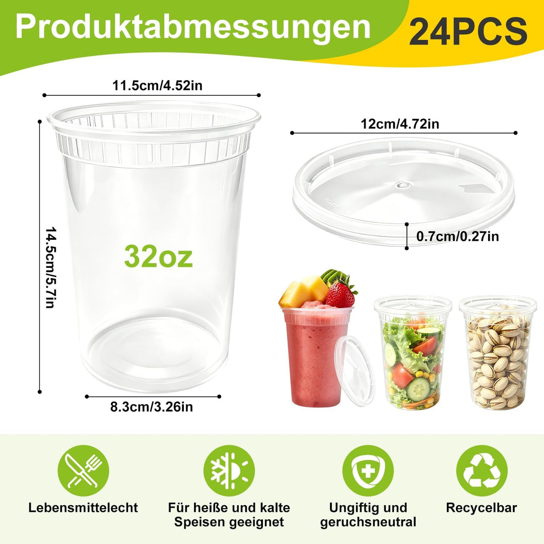 Kunststoffbehälter mit Deckel 24Stk Aufbewahrungsbecher für Lebensmittel 32Oz BPA-Frei Wiederverwend