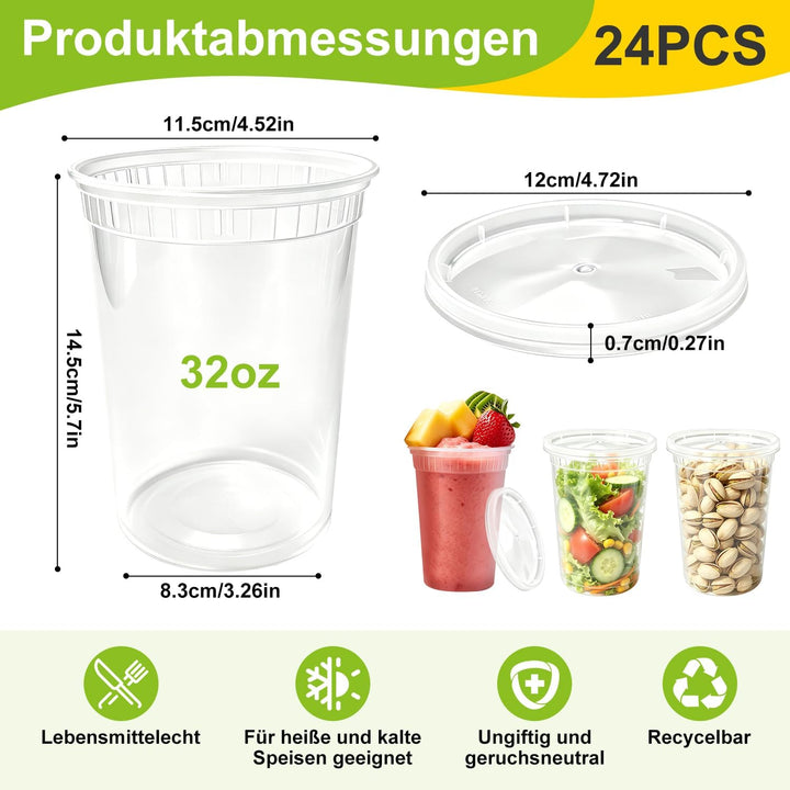 Kunststoffbehälter mit Deckel 24Stk Aufbewahrungsbecher für Lebensmittel 32Oz BPA-Frei Wiederverwend