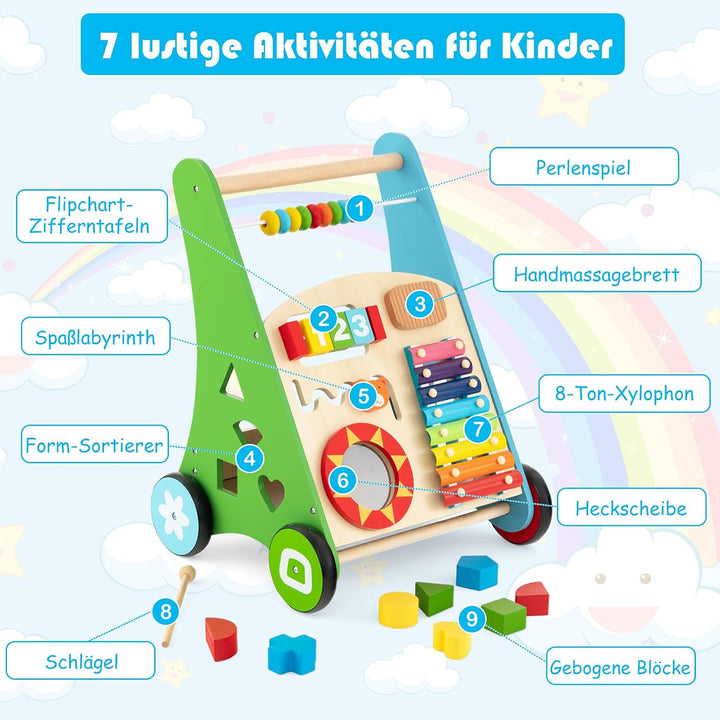 GOPLUS Stabile Lauflernhilfe aus Holz, Multifunktionaler Lauflernwagen mit Mehreren Spieleinstellung