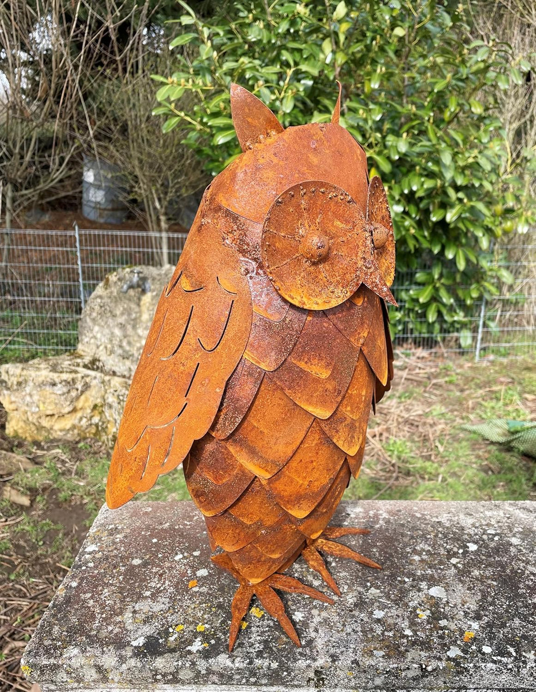STEINFIGURENWELT GIEBEN Eule 3D Optik Höhe 43cm Edelrost Gartendeko Wetterfest Rost Metall Gartenfig