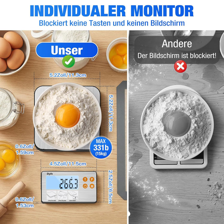 Diyife Küchenwaage Digital Geteilt, Edelstahl 1g/15Kg Haushaltswaage, USB-Aufladung und Batteriebetr
