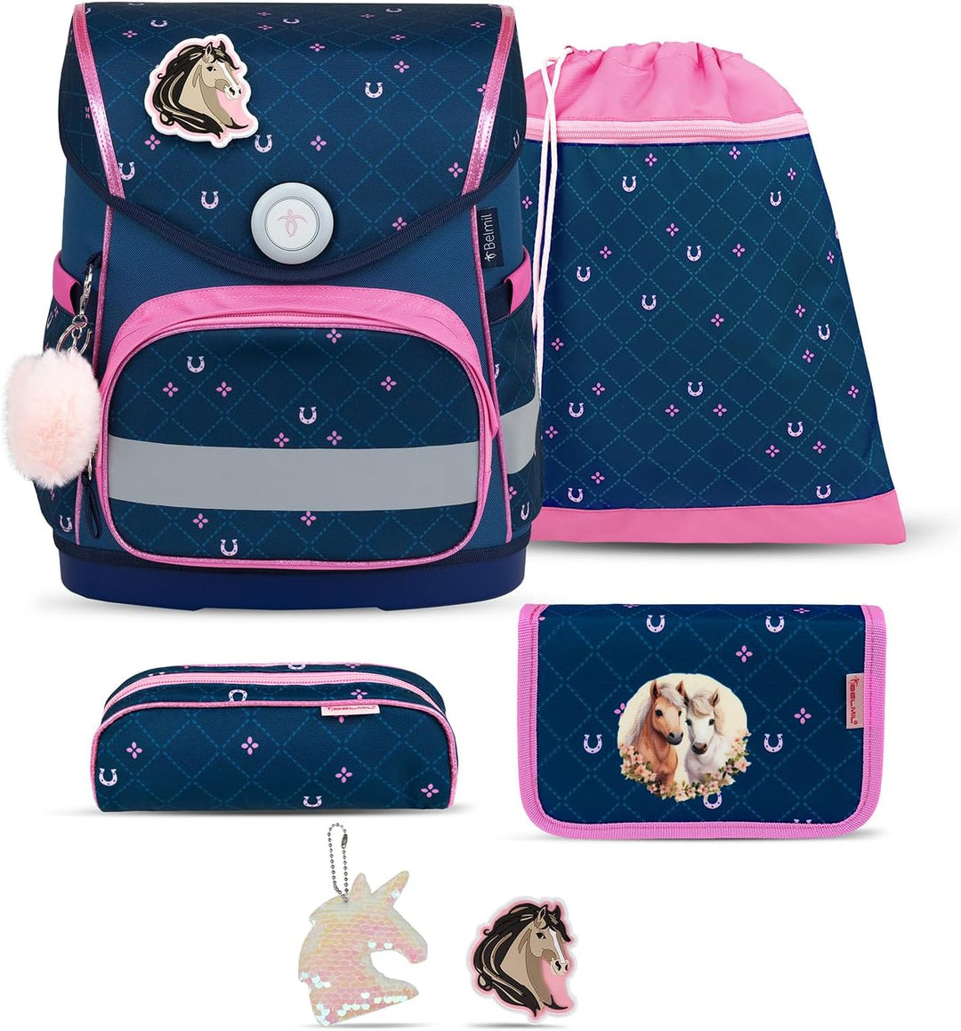 Belmil Compact Schulranzen Set 5 teilig mit extra Schlüsselanhänger oder extra Brustgurt (405-41AGS