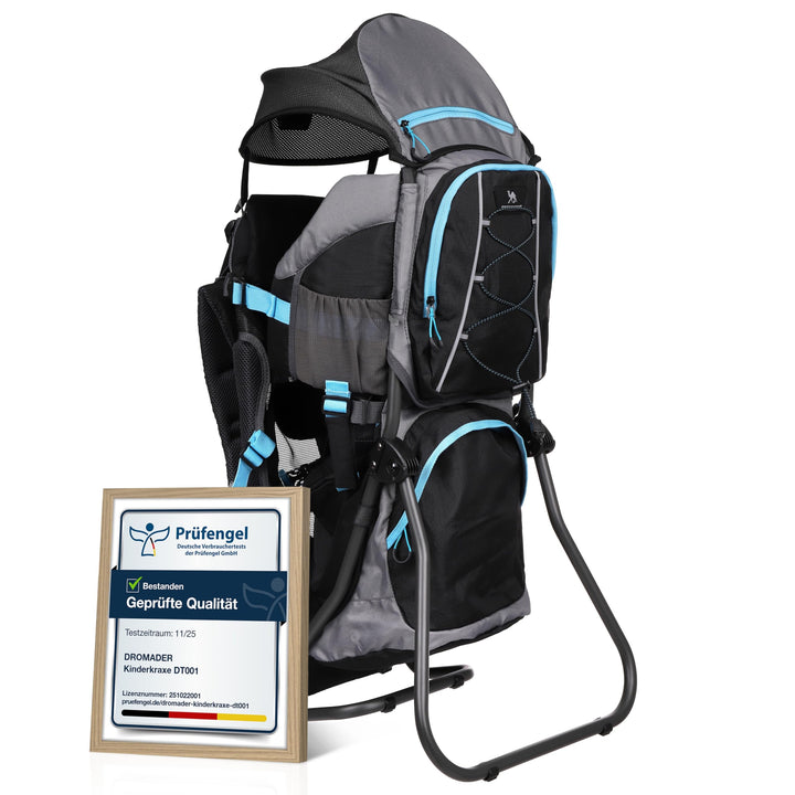 DROMADER Babytrage | Schwarz und Blau | Kinder bis 22kg | Bequem für Eltern | | mit Seitenspiegel |