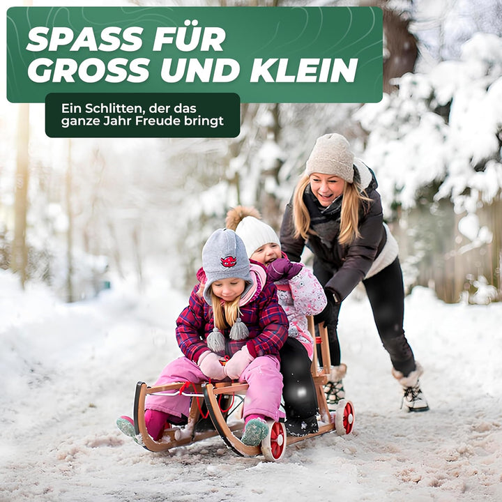 Roll Rodel Original Holzschlitten mit Rädern zum Einsatz auf Teer und Schnee - Schlitten mit Rollen,
