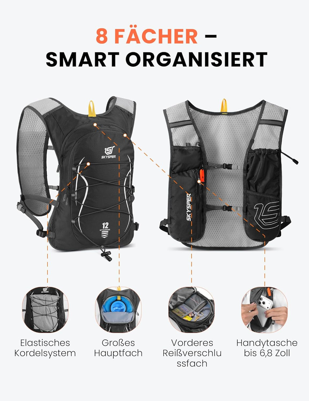 SKYSPER Laufweste für Damen Herren 12L Laufrucksack mit 500ml Trinkflasche Reflektierende Trinkweste