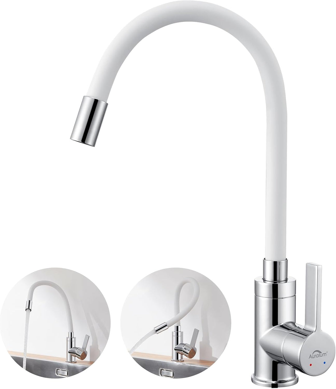 Auralum Flexibler Wasserhahn Küche, Küchenarmatur Weiss mit Flexibler Auslauf, Hochdruck Spültischar