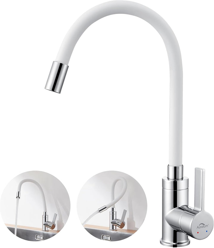 Auralum Flexibler Wasserhahn Küche, Küchenarmatur Weiss mit Flexibler Auslauf, Hochdruck Spültischar