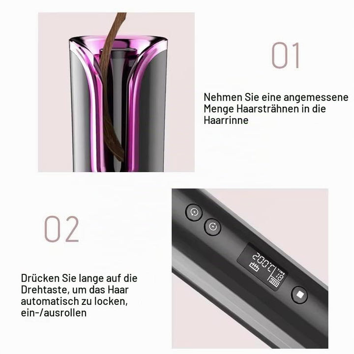 OBA Automatisches Kabelloses Lockenstäbchen, USB-Wiederaufladbar, LCD-Display, Timer 8-18s, Temperat
