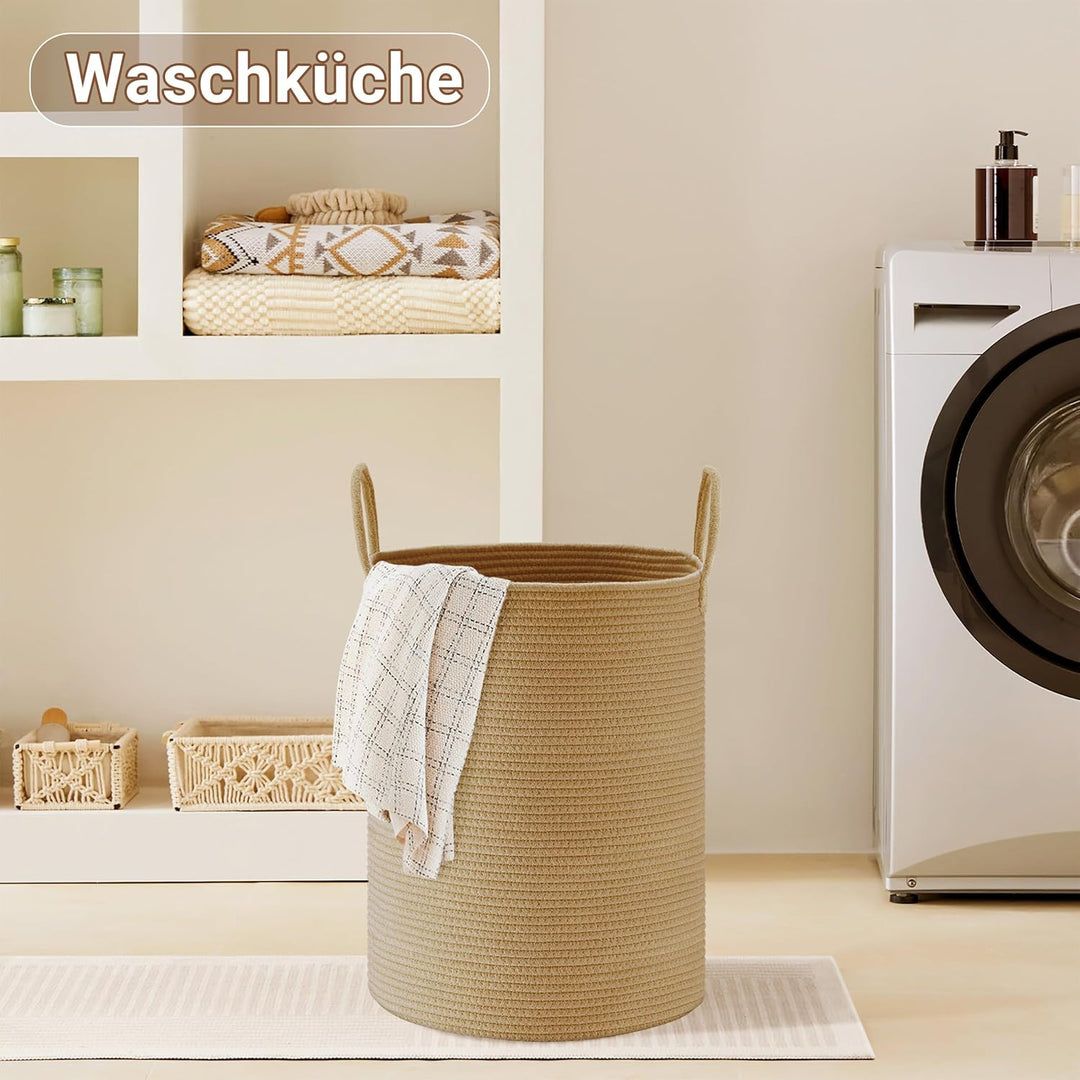 Wäschekorb,Aufbewahrungskorb,Geflochten Korb,58L Klein Rund Wäschesammler mit Baumwoll Henkel für Ki