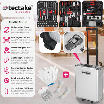 tectake® Werkzeug Set im Aluminium Koffer, Werkzeugkoffer gefüllt 799-tlg., Tool Werkzeugwagen fahrb