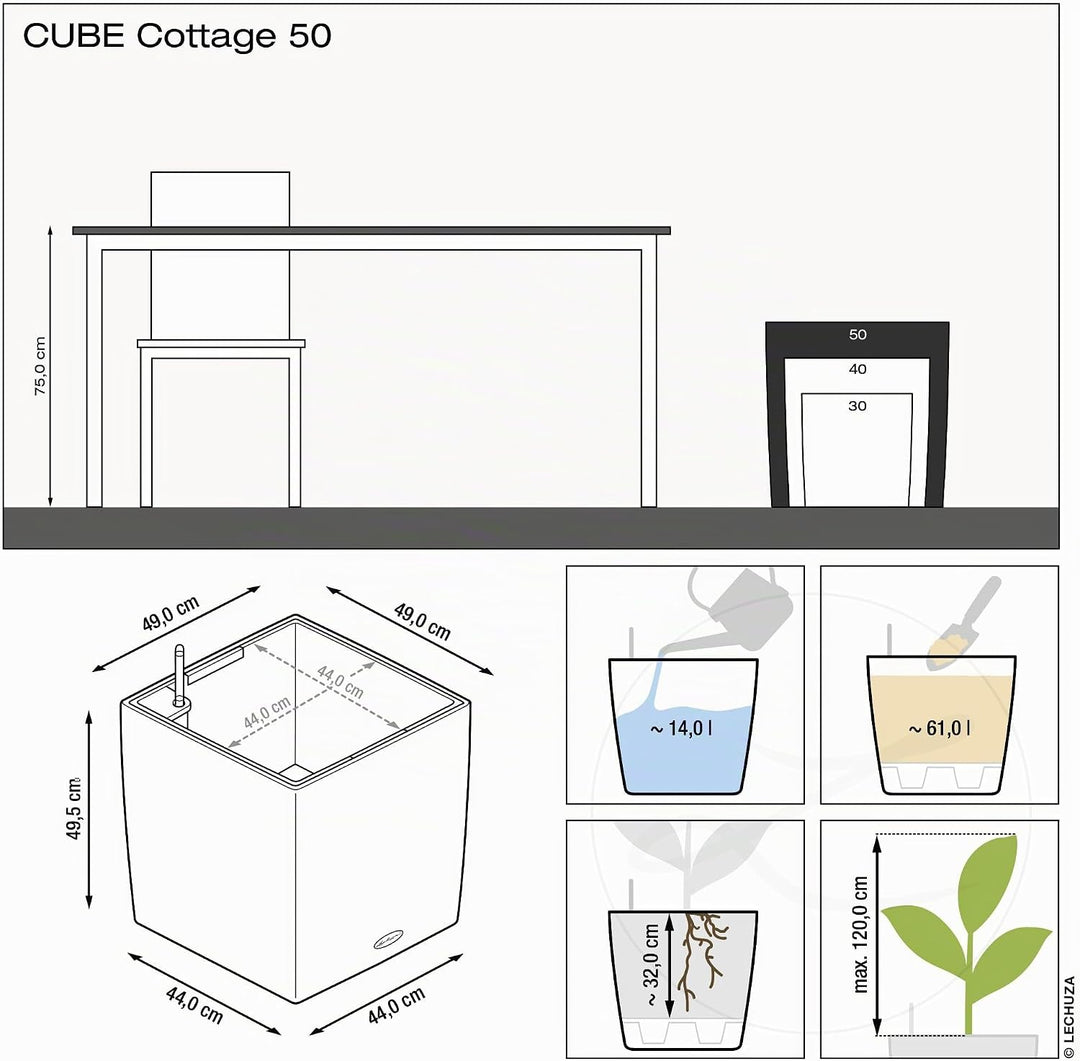 LECHUZA CUBE Cottage 50 mokka 15395 Pflanzgefäss mit Erd-Bewässerungs-System 49x49x49,5 cm Mokka, Pf