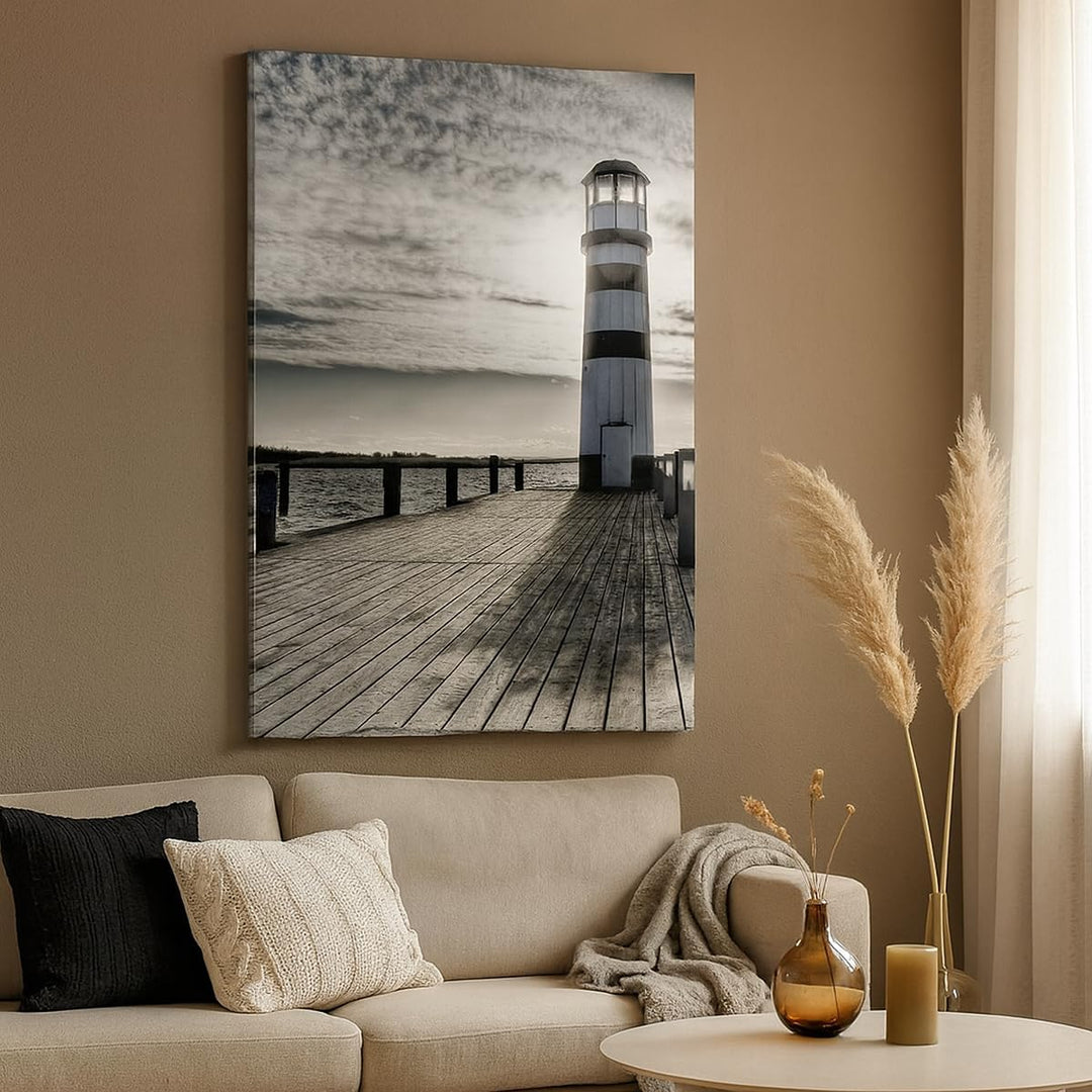 Bilder auf Leinwand 55x100cm Leinwandbild mit Rahmen See Leuchtturm Holzbrücke Wasser Gross Wanddeko