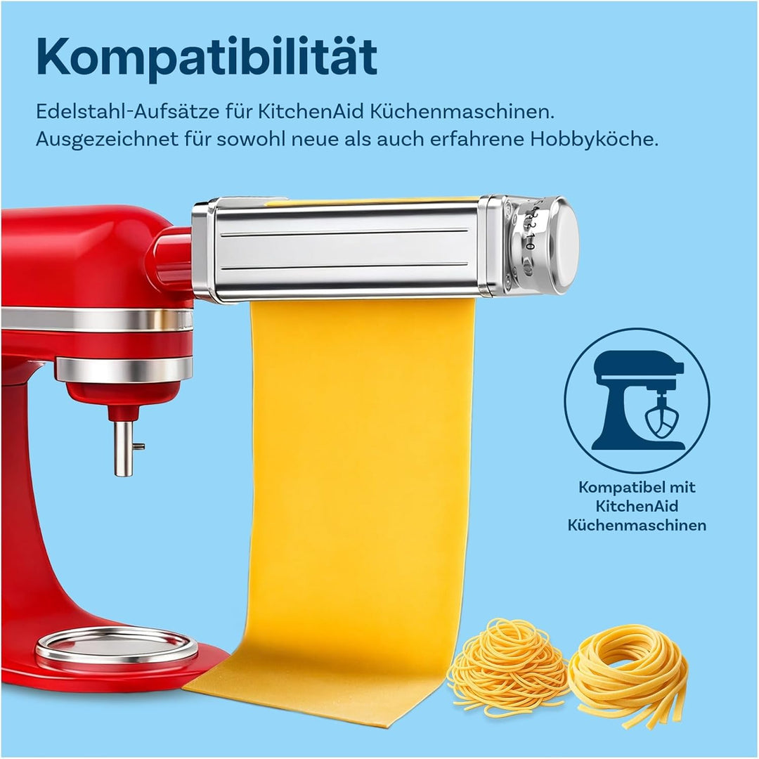 Nudelaufsatz für KitchenAid Küchenmaschine 3-teilig – Pasta Roller, Spaghettischneider & Fettuccines