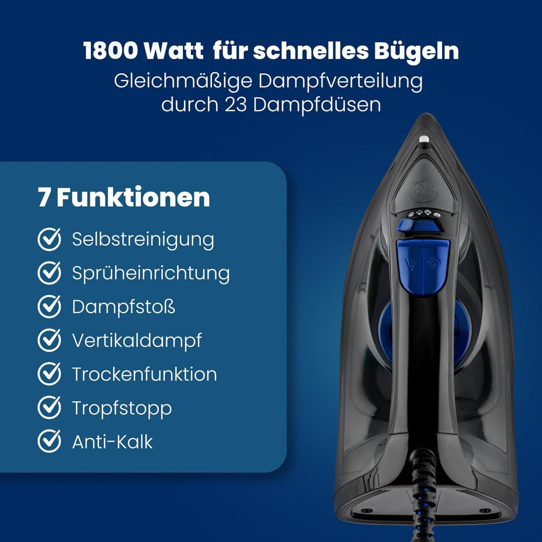 Clatronic® Dampfbügeleisen | 7 Funktionen | 150 ml Wassertank | 1800 Watt | Bügeleisen | Selbstreini