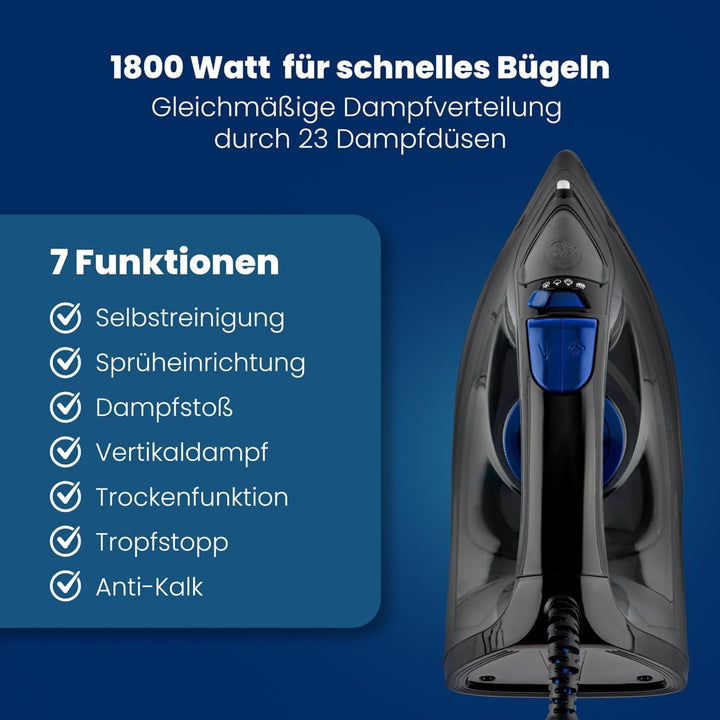 Clatronic® Dampfbügeleisen | 7 Funktionen | 150 ml Wassertank | 1800 Watt | Bügeleisen | Selbstreini