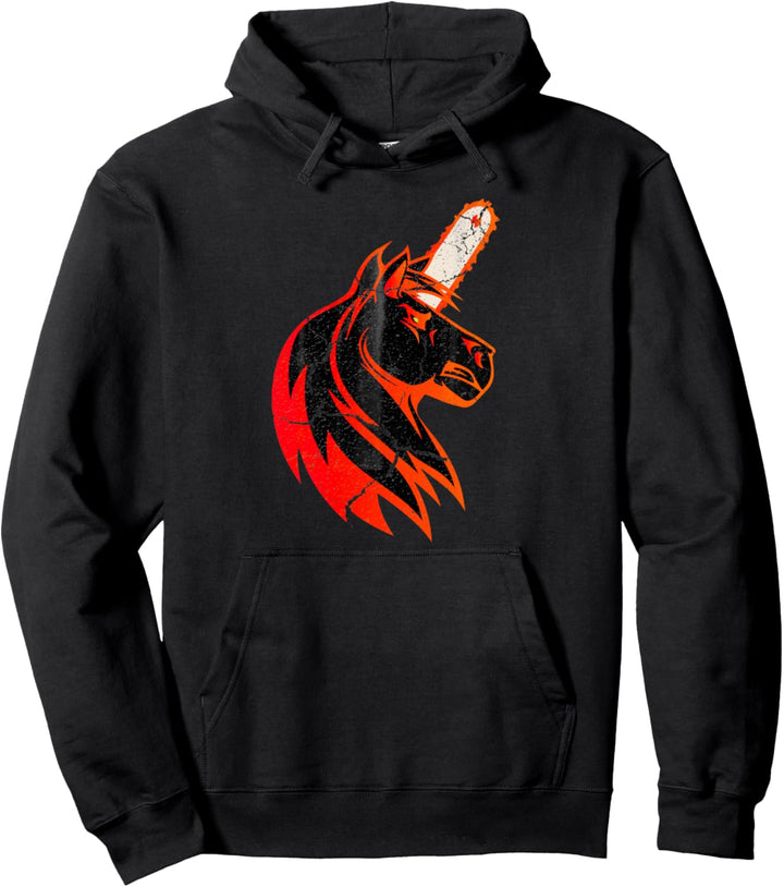 Böses Pferd Einhorn mit Motorsäge und roten Flammen cooles Pullover Hoodie