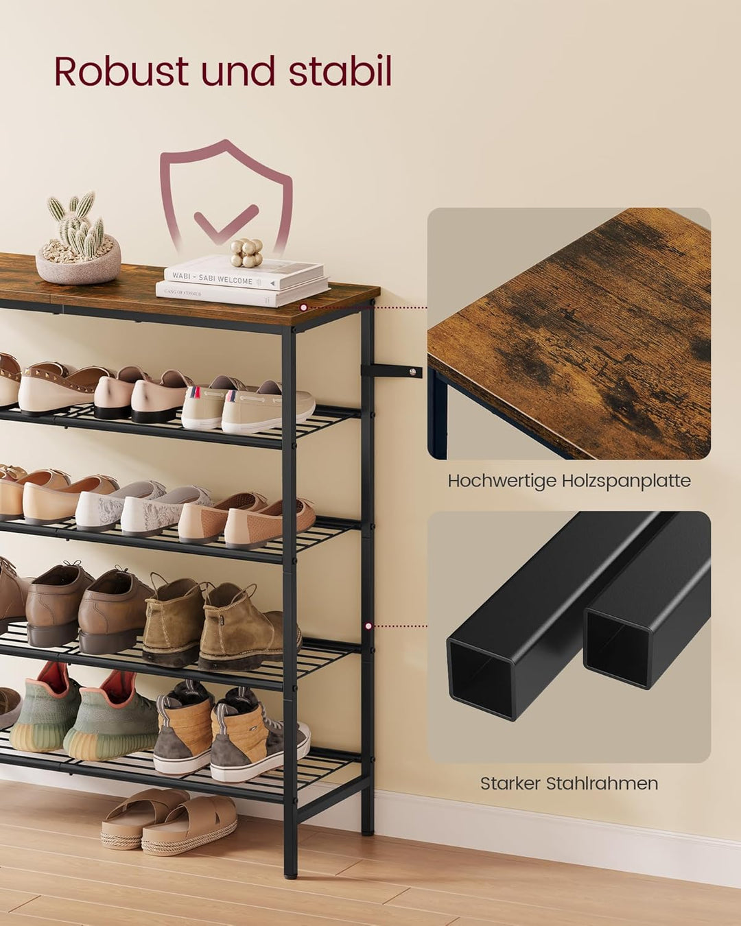 VASAGLE Schuhbank, Schuhregal, Schuhaufbewahrung, Flur, Wohnzimmer, Schlafzimmer, Metallgestell, 5 E