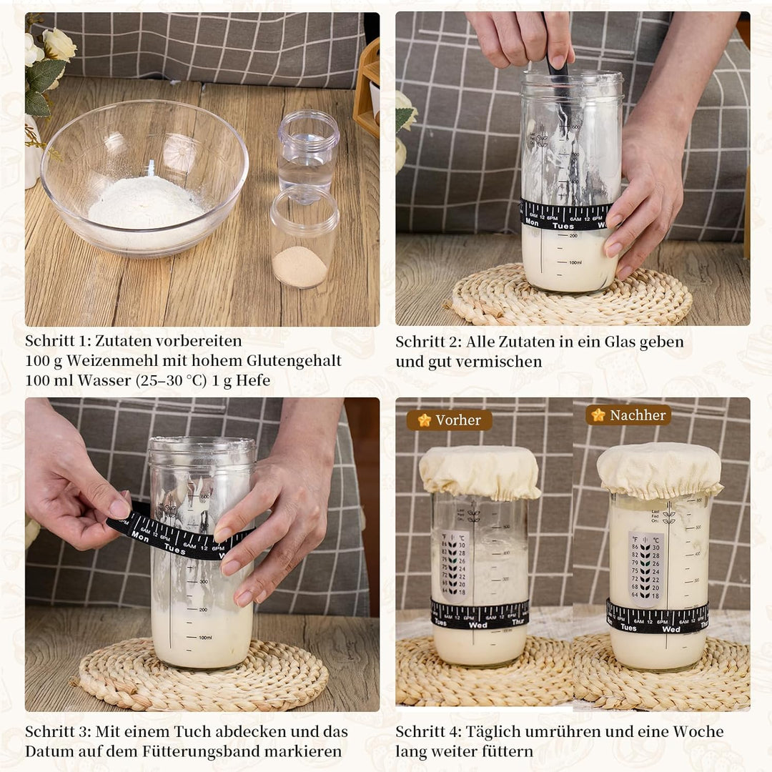 Sauerteig Starter Set, 700ml Sauerteig Glas, Baumwollseil Runde Gärkörbchen für Brot Gärkorb Brot mi