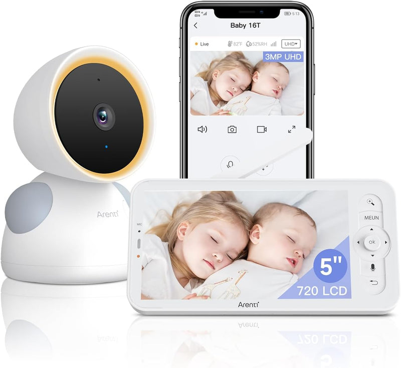 ARENTI Babyphone mit Kamera und App 2K/3MP, 5 Zoll WiFi Video Babyphone PTZ 355°, Automatische Verfo