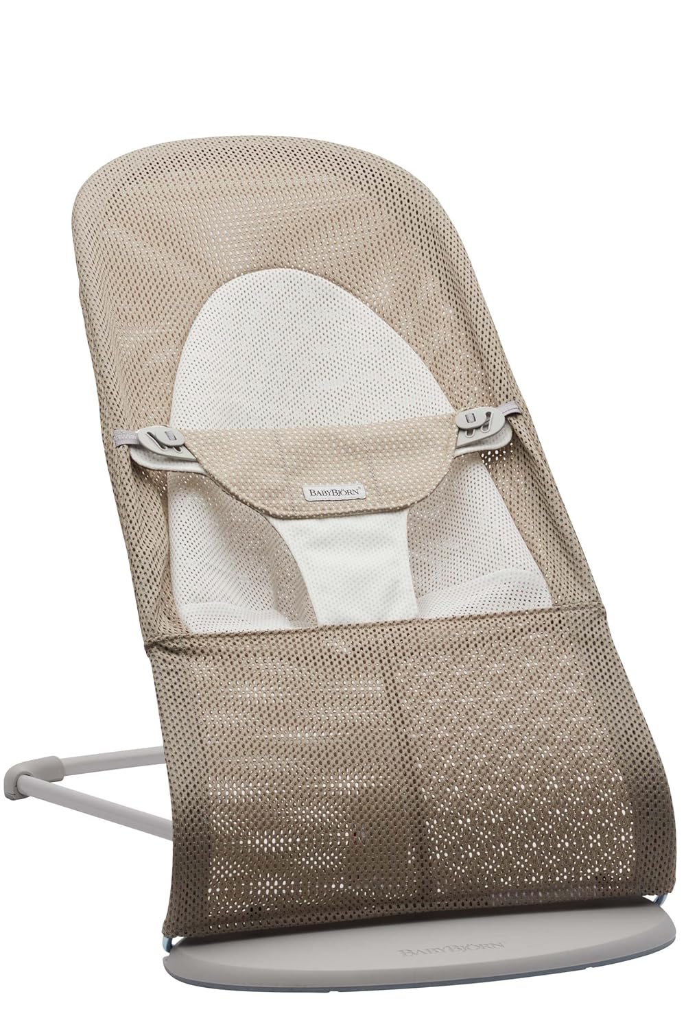 BabyBjörn Babywippe Balance Soft, Hellgrauer Rahmen, Netzstoff, Grau-Beige/Weiss Netzstoff Grau-Beig
