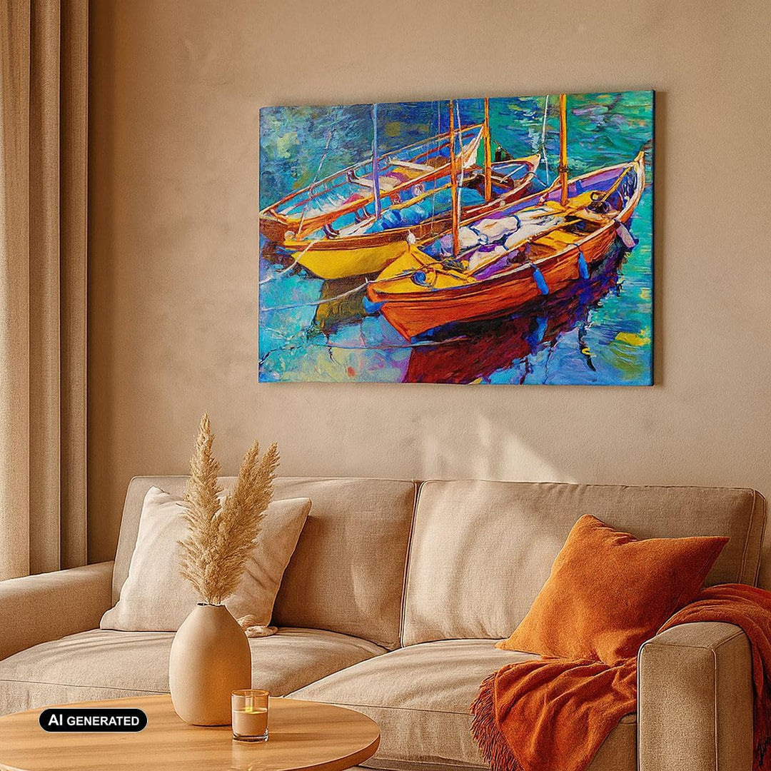 Bilder auf Leinwand 100x70cm Leinwandbild Boote Bunt Angeln Wasser Gross Wanddeko Bild Schlafzimmer