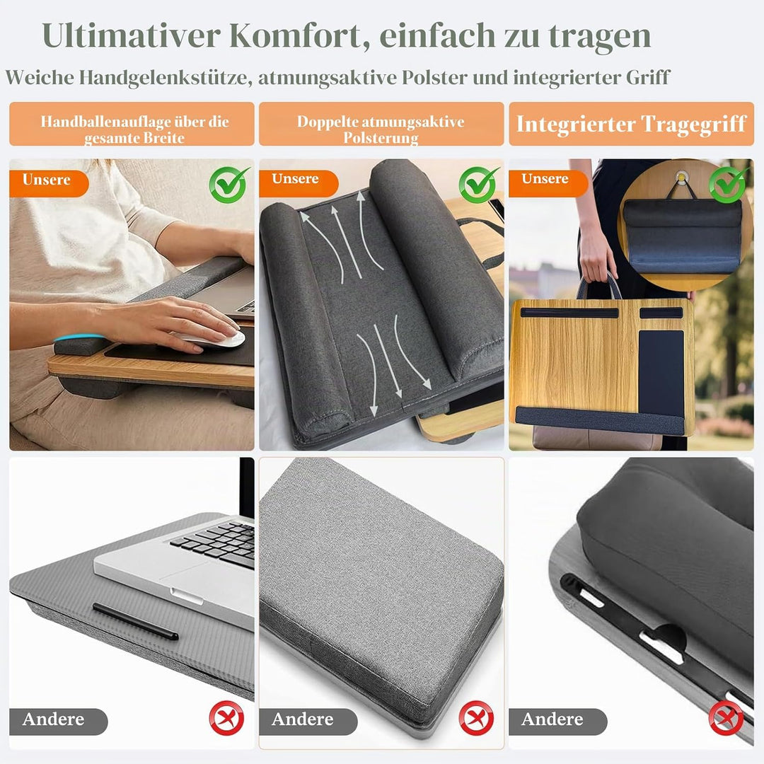 Laptopunterlage 55x34cm für Heim Bett Sofa mit Knietablett mit Kissen,Handgelenkauflage Handyhalter,