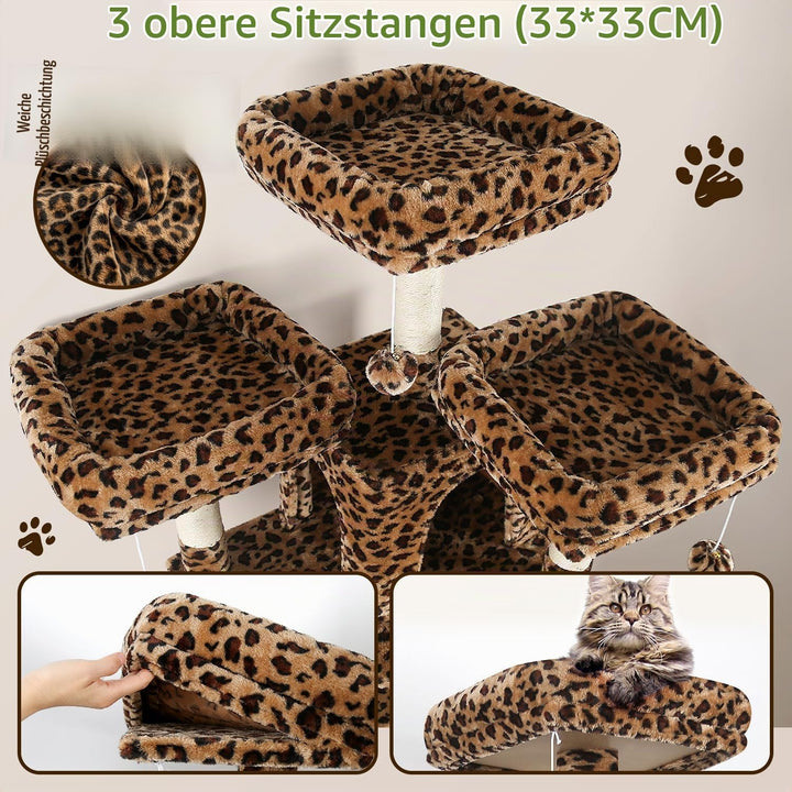 Globlazer Kratzbaum Leoparden Stabil 174 cm mit 3 Gepolsterte Sitzstangen, 2 Katzenhaus, 2 Korb, Abn