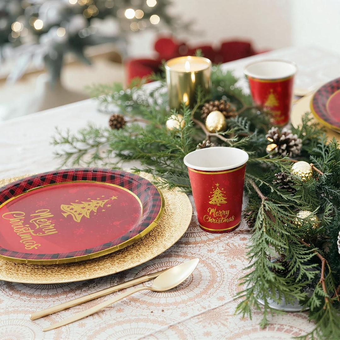 60 Stück Pappbecher WeihnachtsRot 9oz Party Tischdeko mit Weihnachtsbaum und Merry Christmas Muster,