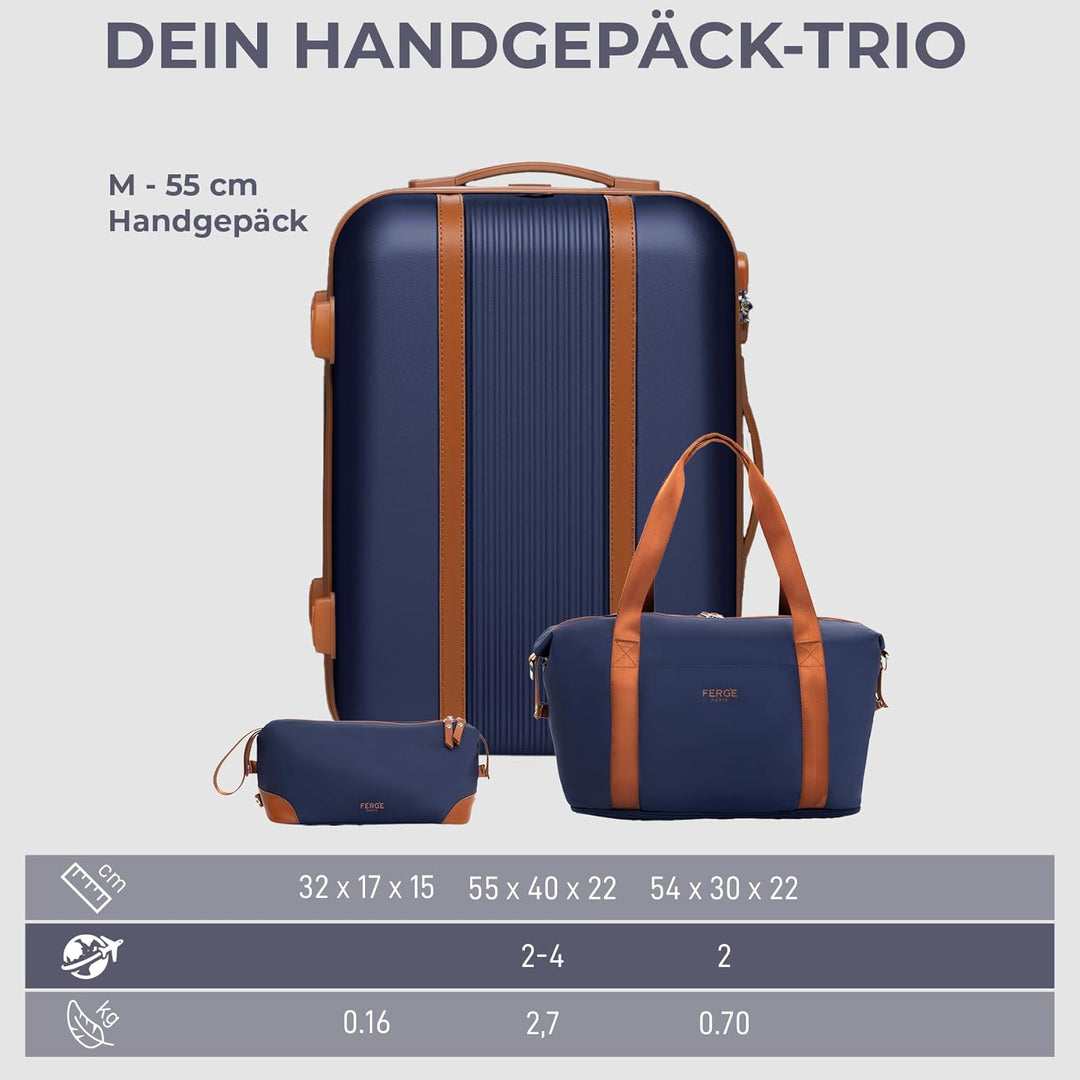 FERGÉ Handgepäck Koffer Set 3 teilig Kabinenkoffer Hartschale 55 x 40 x 22 cm + Reisetasche + Kultur