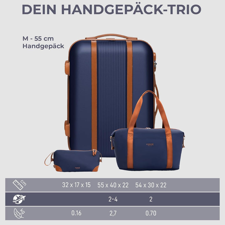 FERGÉ Handgepäck Koffer Set 3 teilig Kabinenkoffer Hartschale 55 x 40 x 22 cm + Reisetasche + Kultur