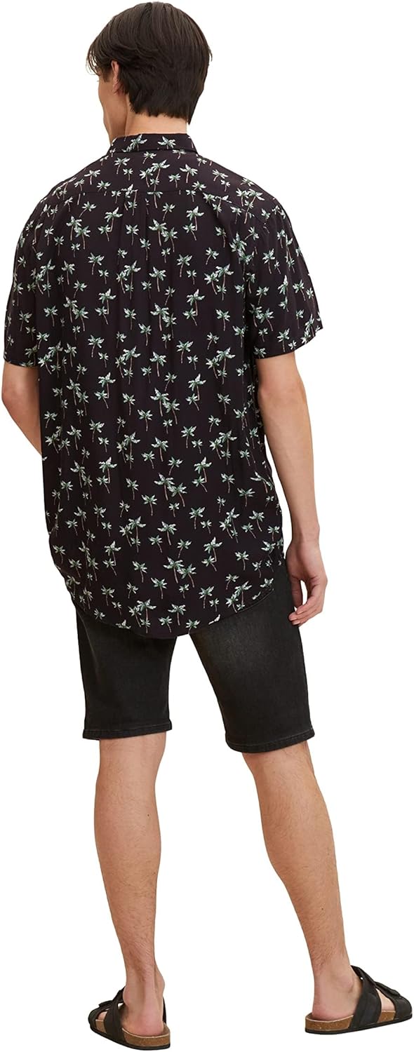 TOM TAILOR Denim Herren Relaxed Fit Kurzarmhemd S 29735 - Grey Real Palm Print, S 29735 - Grey Real