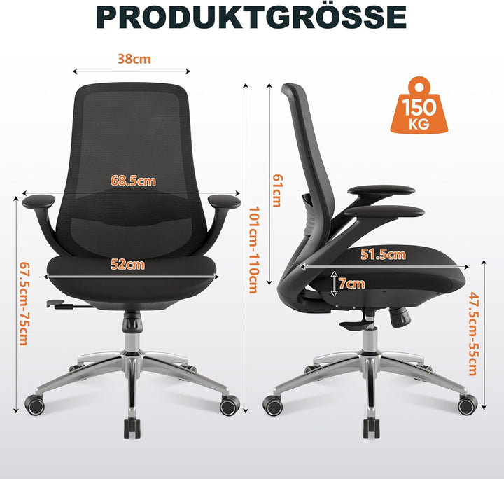 Bürostuhl Ergonomisch Schreibtischstuhl Drehstuhl Verstellbarer Armlehnen Lendenstütze gasdruckfeder