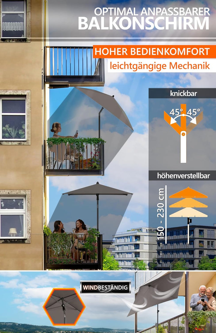 4smile Sonnenschirm Balkon SunnyShade, Taupe - 3-in-1 SET Sonnenschutz Balkon - UPF 50+ Sonnenschirm
