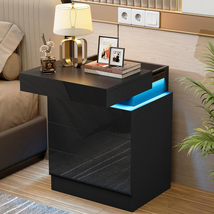 PIPIPOXER Nachttisch 2er Set mit LED, Hochglanz Nachtschrank mit 3 Schubladen und Versteckte Obere S