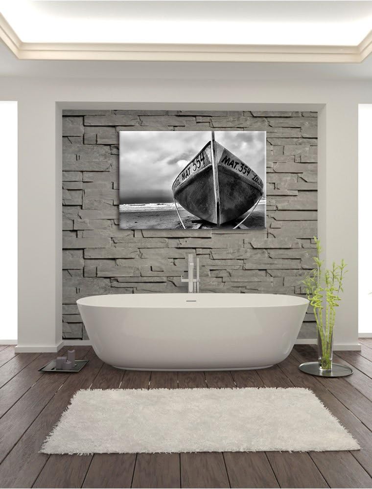 Pixxprint Monocrome, kleines Segelboot am Strand, Format: 100x70 auf Leinwand, 100x70