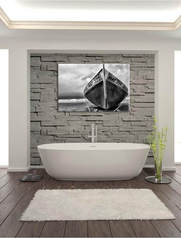 Pixxprint Monocrome, kleines Segelboot am Strand, Format: 100x70 auf Leinwand, 100x70