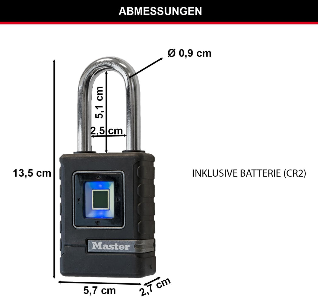 MASTER LOCK Biometrisches Schwerlast-Vorhängeschloss [Wetterfest] [Fingerabdruck-Schloss und Not-Ric